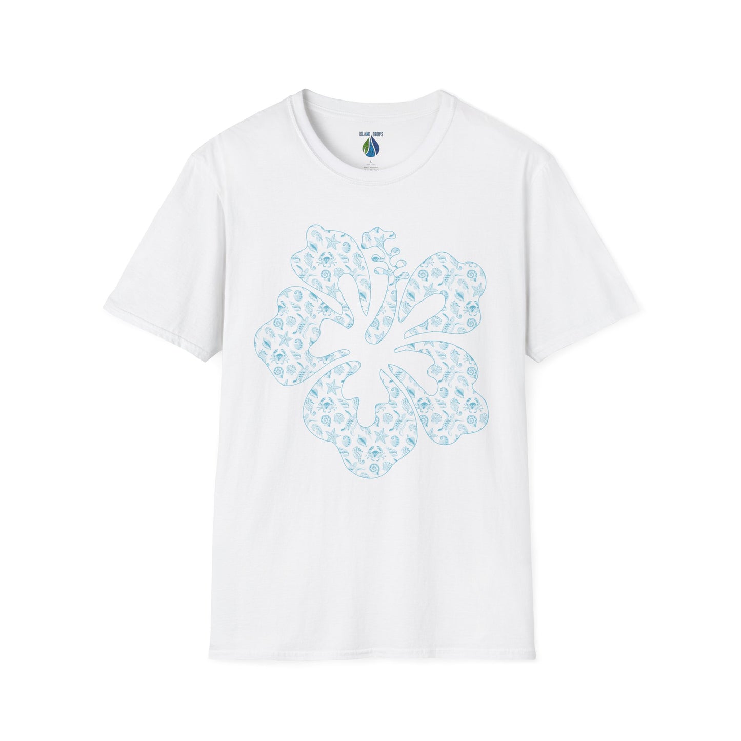 White t-shirt with a stylized hibiscus graphic design - Island Drops t-shirt collection | Unisex t-shirt