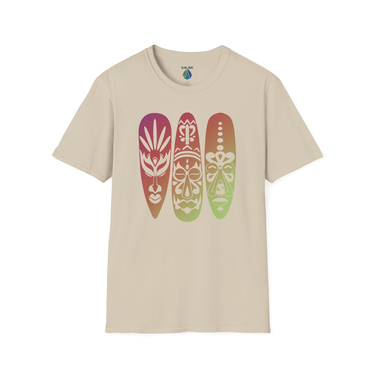 Beige t-shirt  with colorful gradient island masks graphic design - Island Drops t-shirt collection | Unisex t-shirts