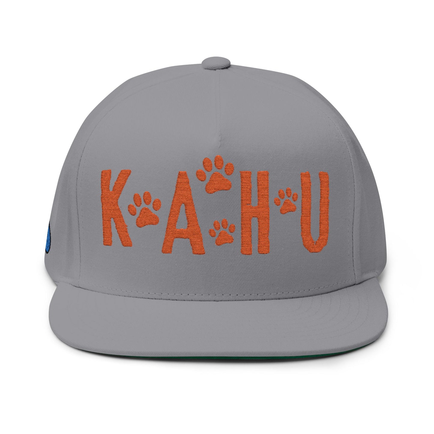 Gray cap with 'KAHU' text and paw print graphic design - Island Drops hat collection | Unisex snapback caps