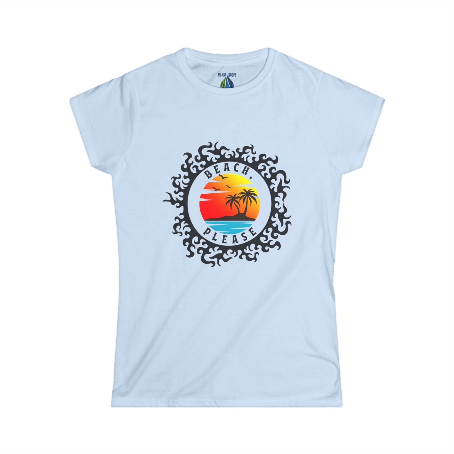 Light blue women's cut t-shirt with 'Beach, Please' sunset graphic design - Island Drops Women's collection | Women's cut t-shirt