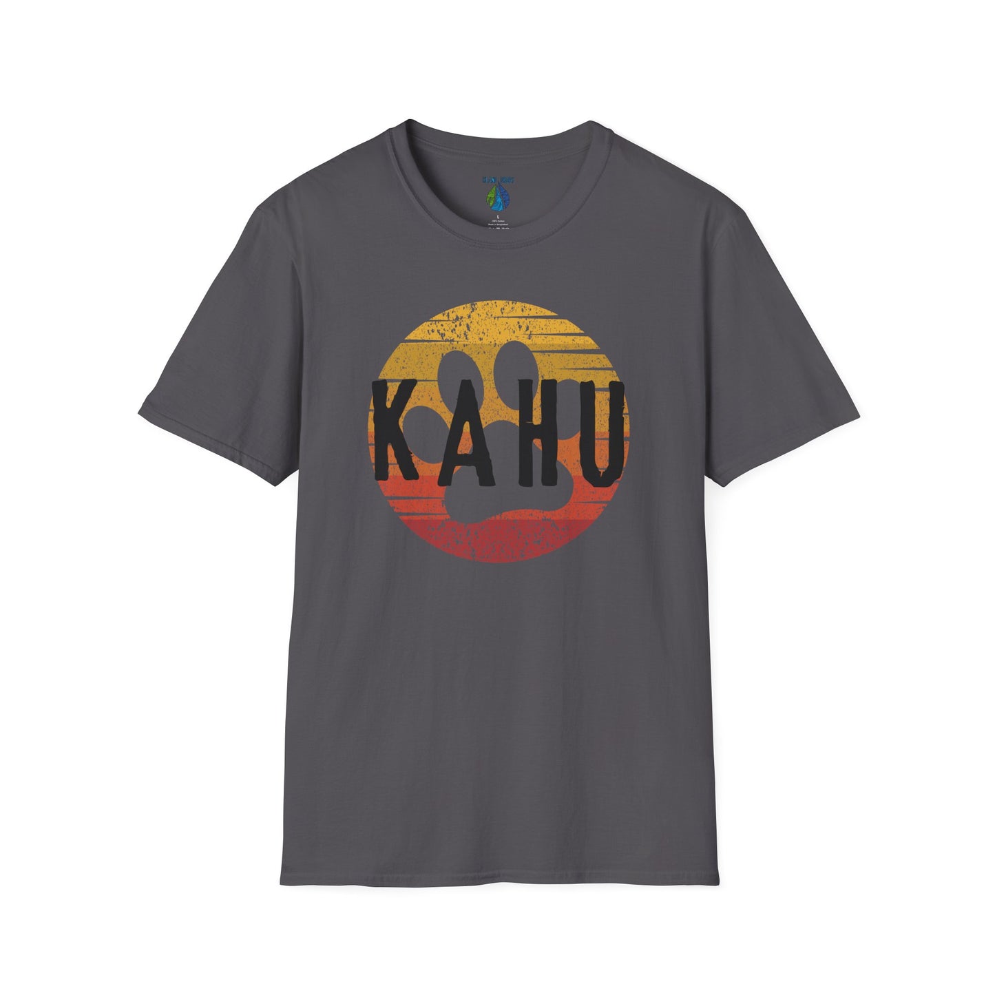 Gray t-shirt with 'KAHU' text and sunset paw print graphic design - Island Drops t-shirt collection | Unisex t-shirts