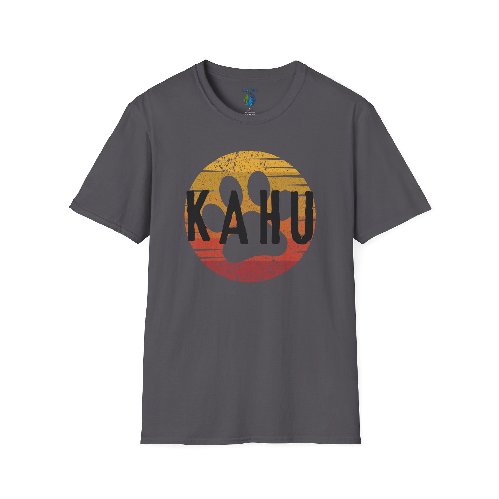 Gray t-shirt with 'KAHU' text and sunset paw print graphic design - Island Drops t-shirt collection | Unisex t-shirts