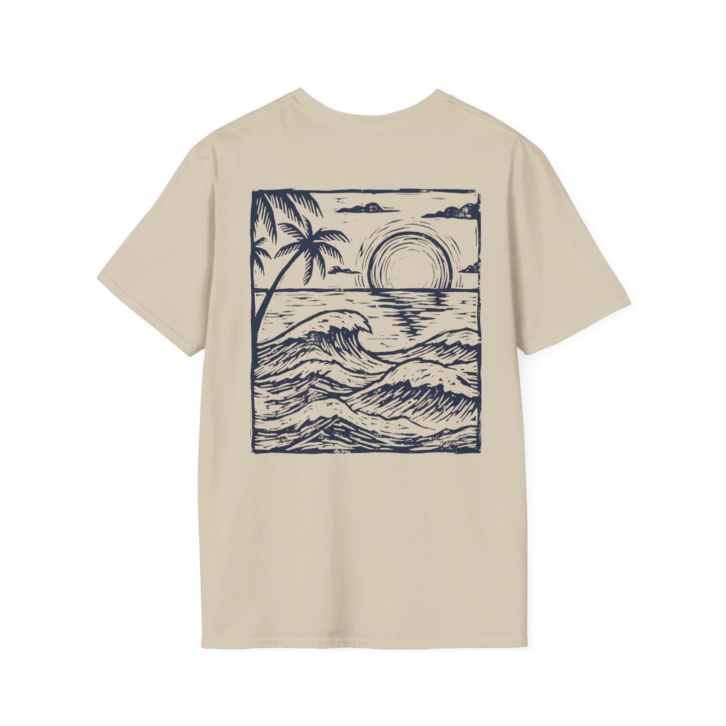 Sunset Sketch Tee back print in Sand color — linocut sunset design streetwear shirt
