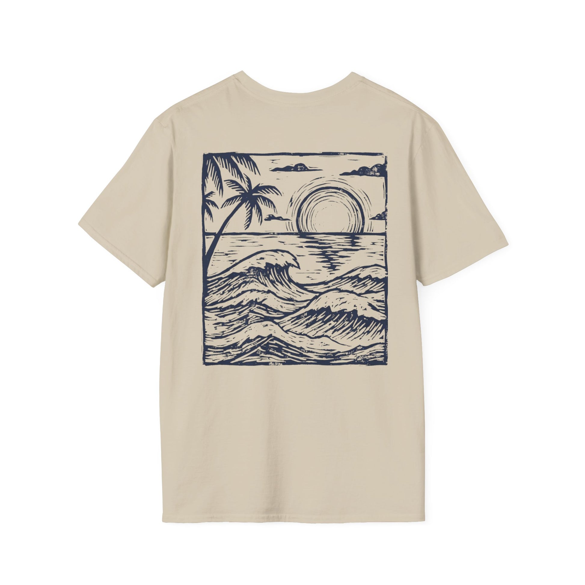 Sunset Sketch Tee back print in Sand color — linocut sunset design streetwear shirt