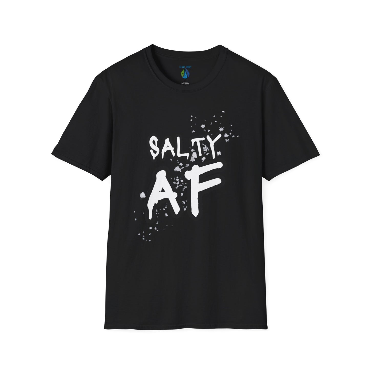 Black t-shirt  with 'SALTY AF' text and stylized salt graphic design - Island Drops t-shirt collection | Unisex t-shirts