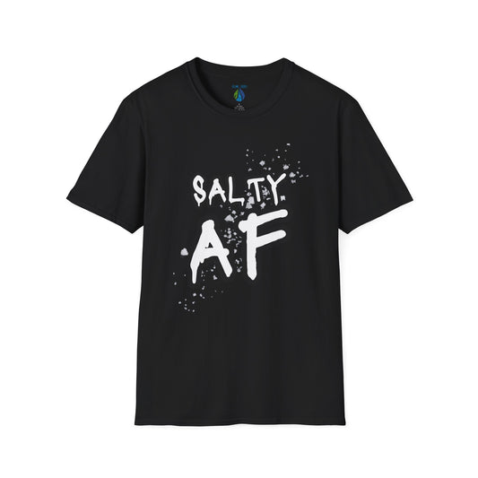 Black t-shirt  with 'SALTY AF' text and stylized salt graphic design - Island Drops t-shirt collection | Unisex t-shirts
