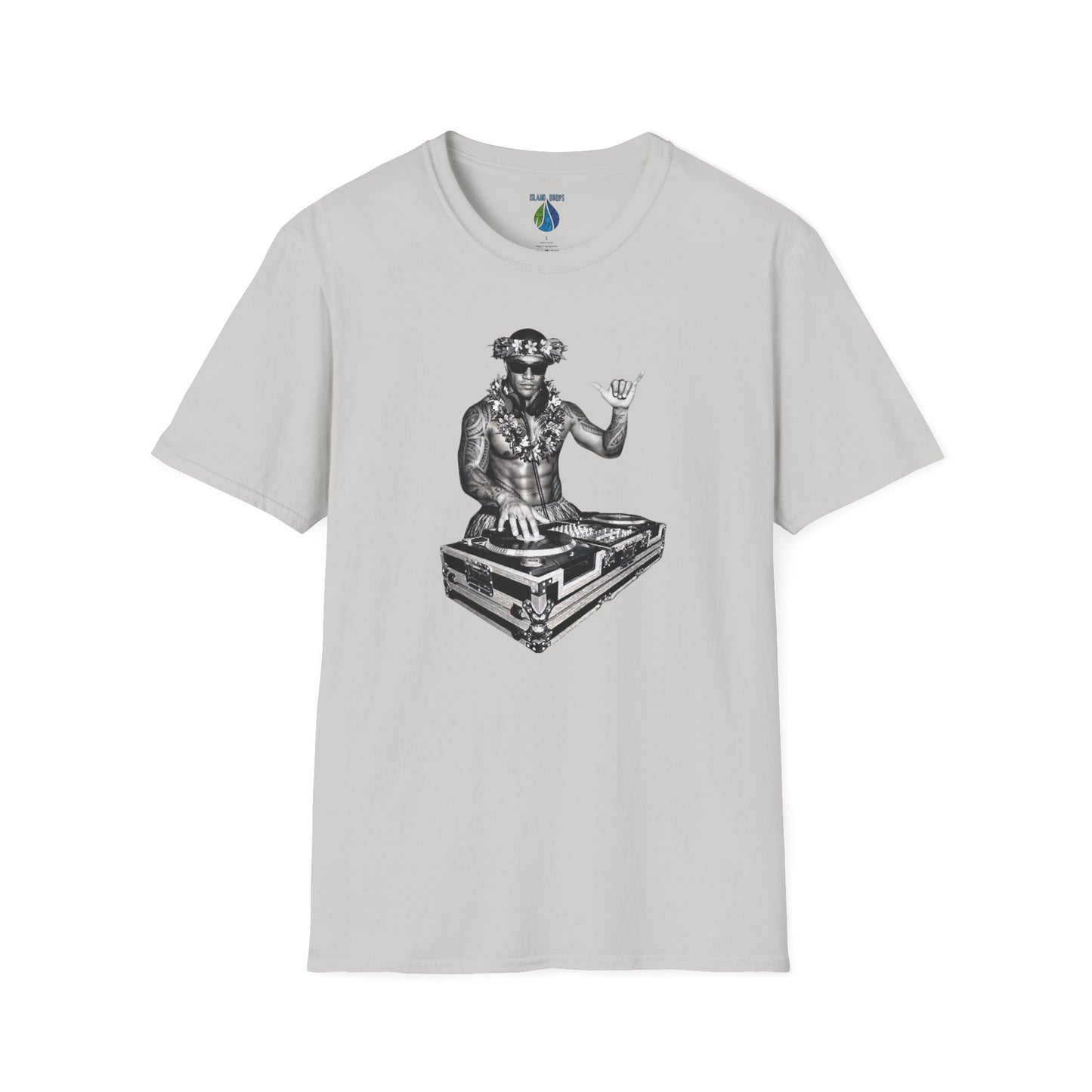 White t-shirt with a male hula dancer as a DJ graphic design - Island Drops t-shirt collection | Unisex t-shirt