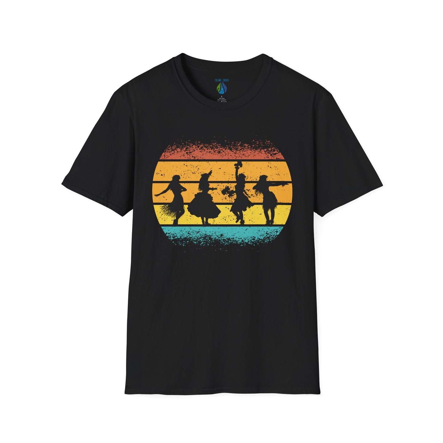 Black t-shirt with a graphic design of female hula dancers against a sunset background - Island Drops t-shirt collection | Unisex t-shirt