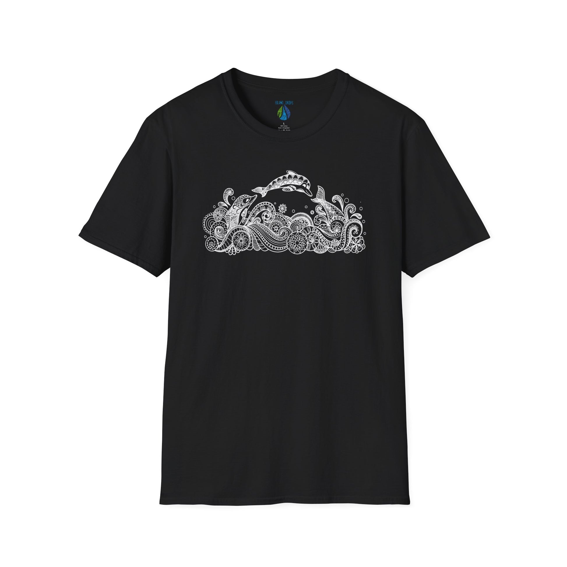 Black t-shirt with dolphin and tribal tattoo style ocean graphic design - Island Drops t-shirt collection | Unisex t-shirts