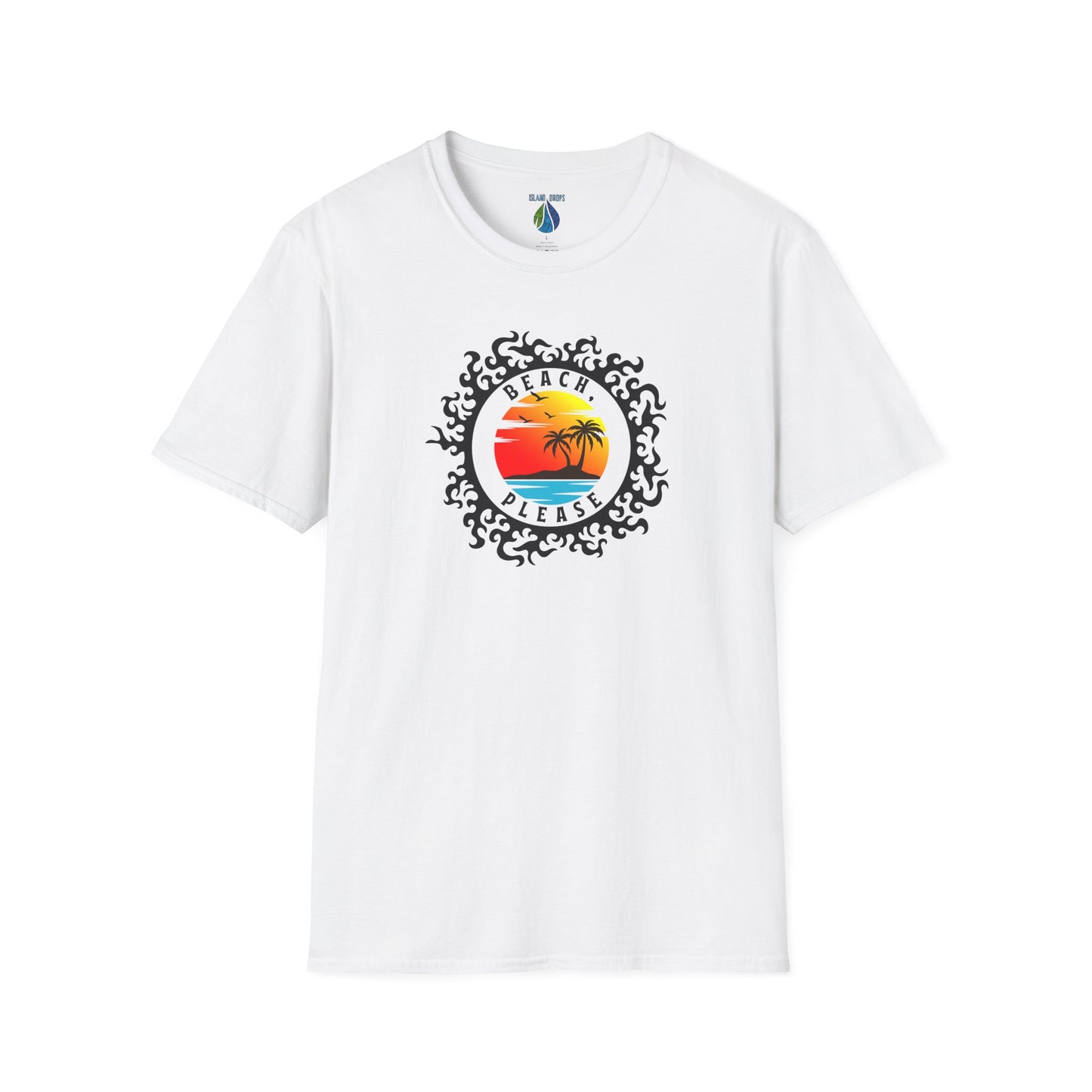 White t-shirt with 'BEACH, PLEASE' text and island sunset graphic design - Island Drops t-shirt collection | Unisex t-shirts