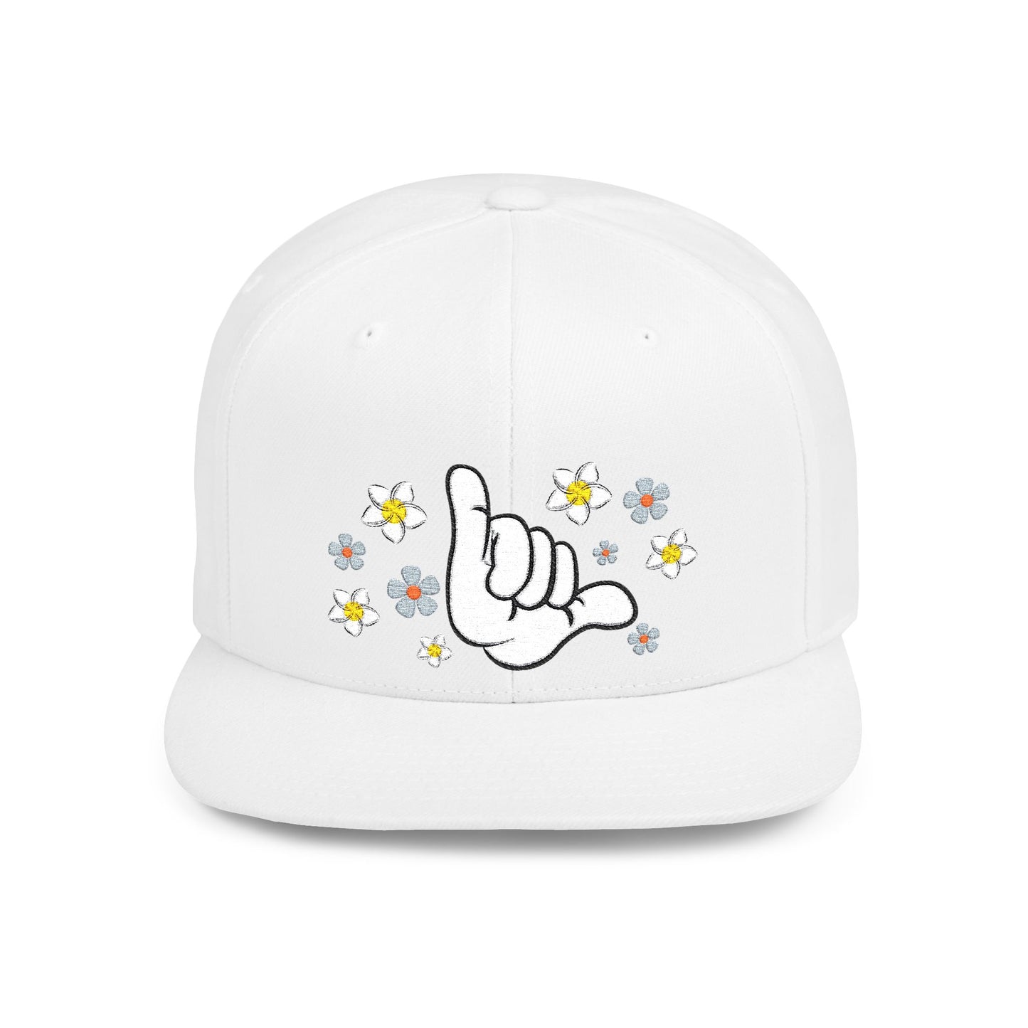 White cap with hang loose floral graphic design - Island Drops hat collection | Unisex snapback cap