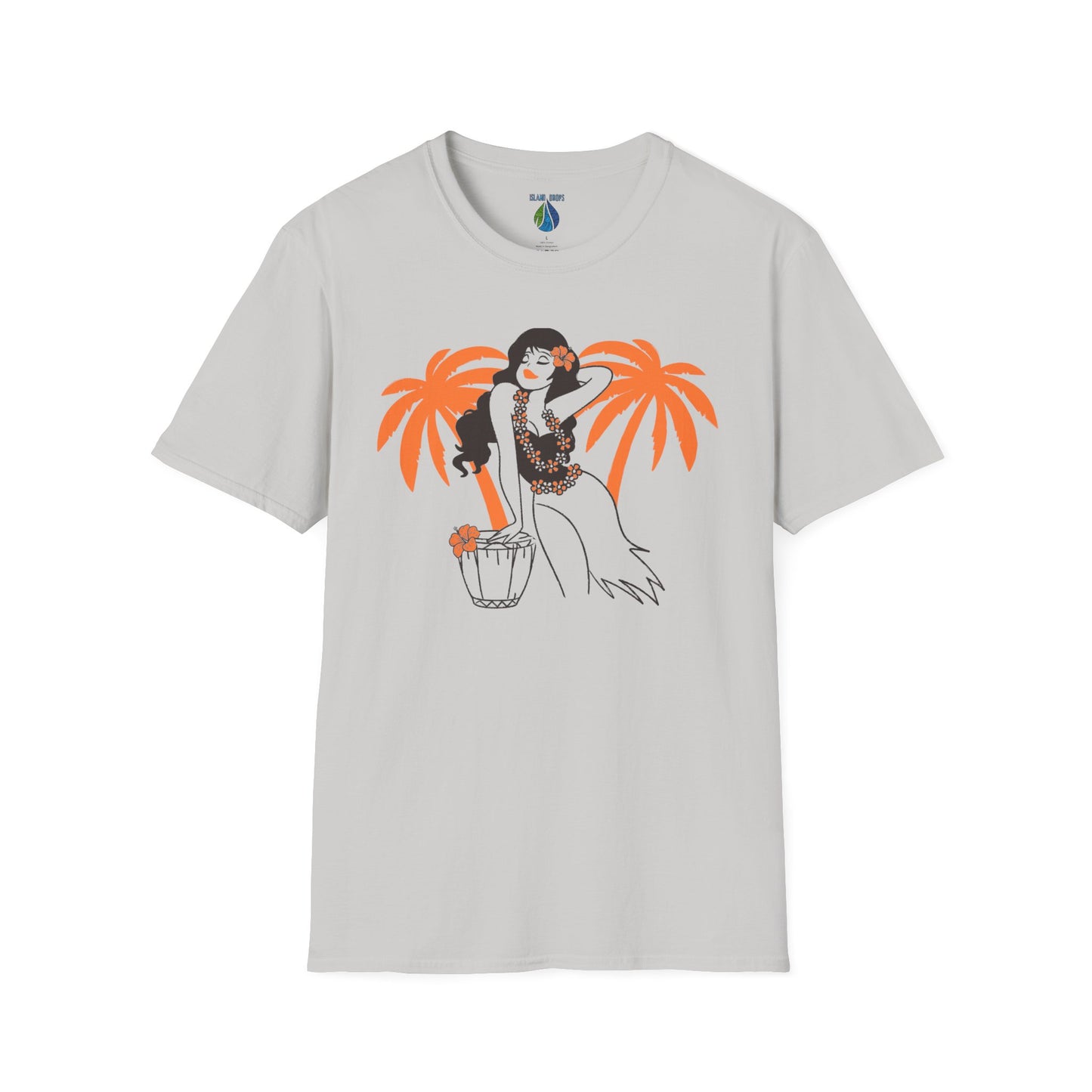 Gray t-shirt with female hula dancer and palm trees graphic design - Island Drops t-shirt collection | Unisex t-shirts