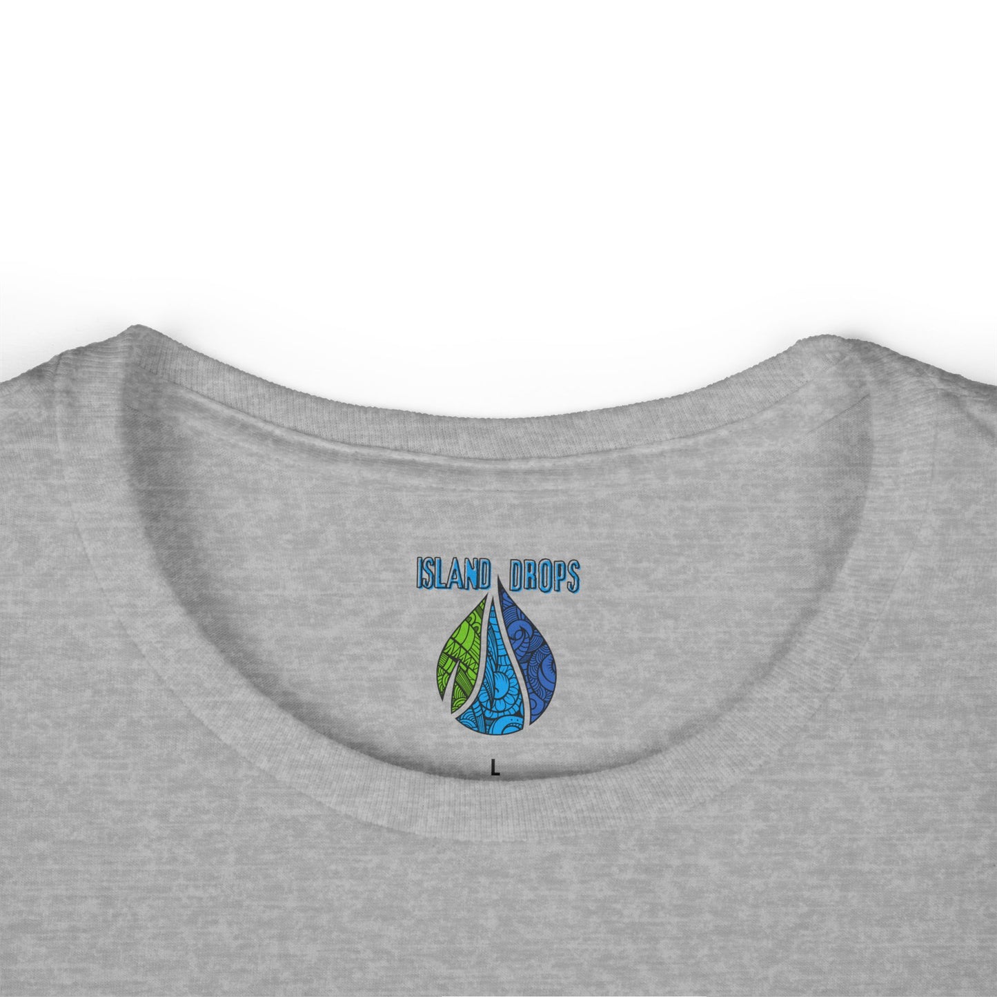 Gray shirt with 'Island Drops' logo featuring three color tribal droplets on a white background