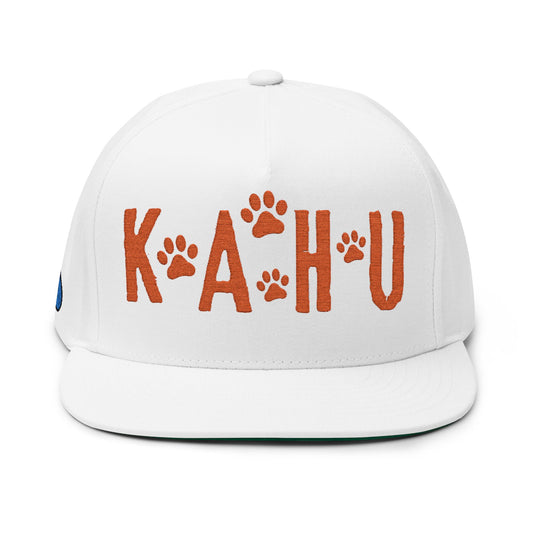 White cap with 'KAHU' text and paw print graphic design - Island Drops hat collection | Unisex snapback caps