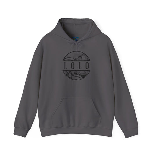 Dark gray hoodie with 'LOLO', meaning grandpa in filipino, graphic design - Island Drops hoodie collection | Unisex pullover