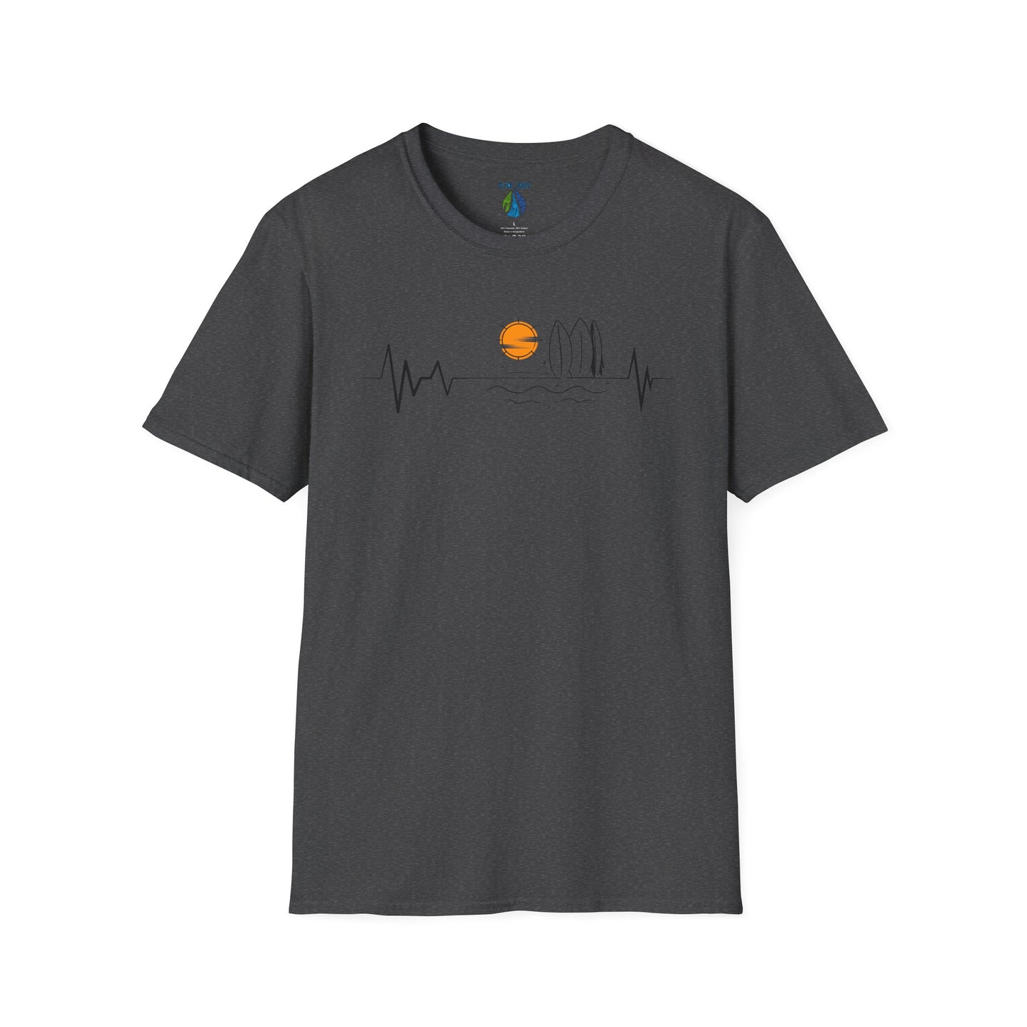 Gray t-shirt with sunset heartbeat graphic design with surfboards and ocean graphics - Island Drops t-shirt collection | Unisex t-shirts