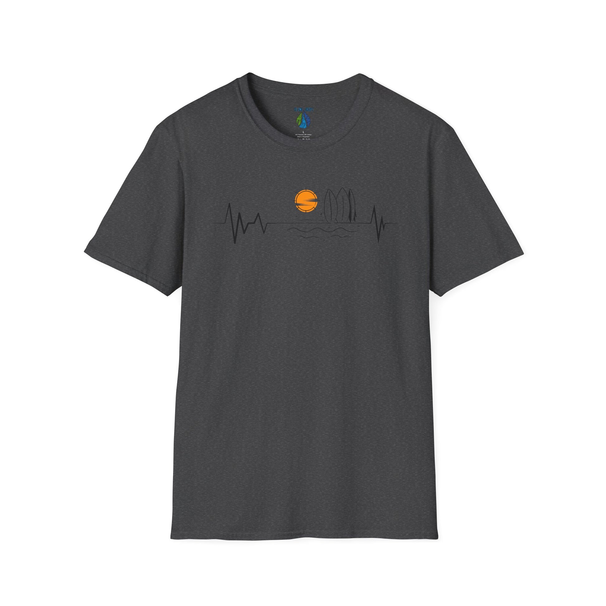 Gray t-shirt with sunset heartbeat graphic design with surfboards and ocean graphics - Island Drops t-shirt collection | Unisex t-shirts