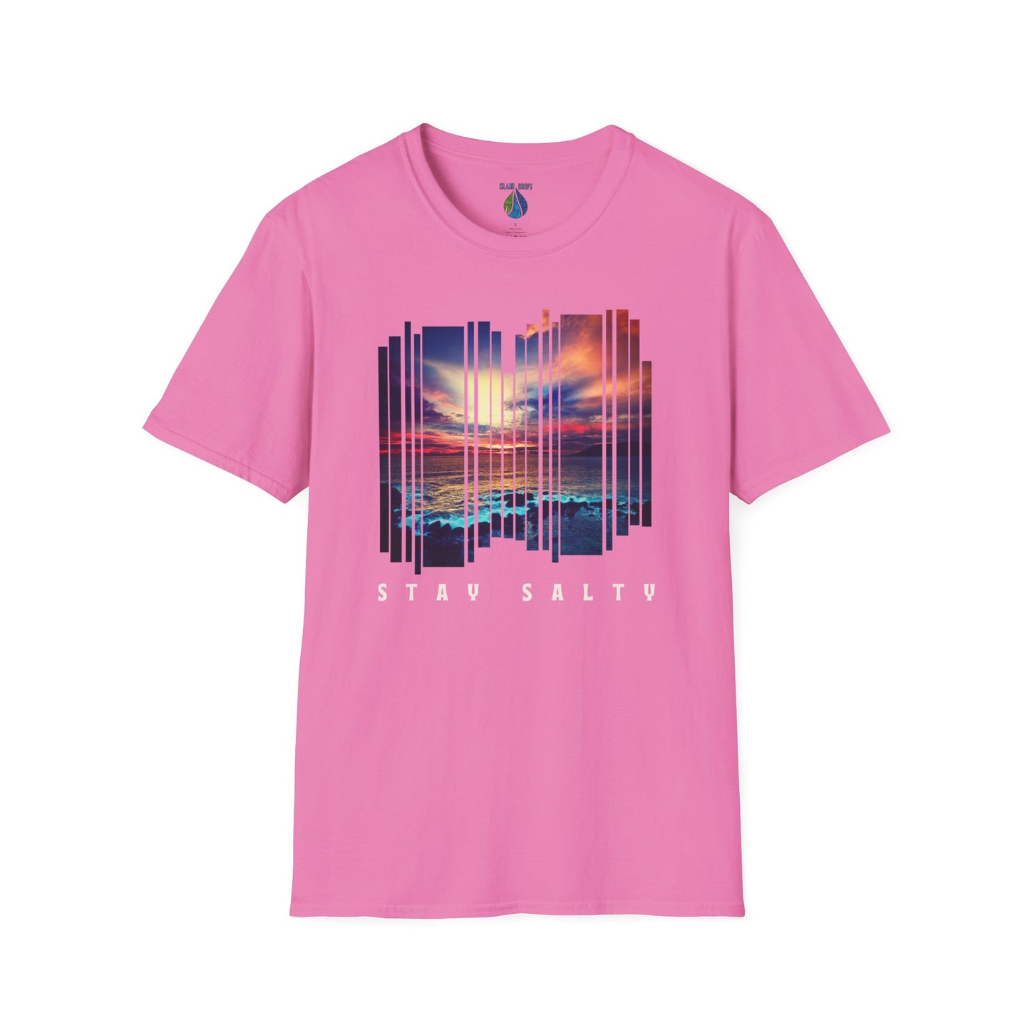 Pink t-shirt  with 'STAY SALTY' text and stylized sunset graphic design - Island Drops t-shirt collection | Unisex t-shirts