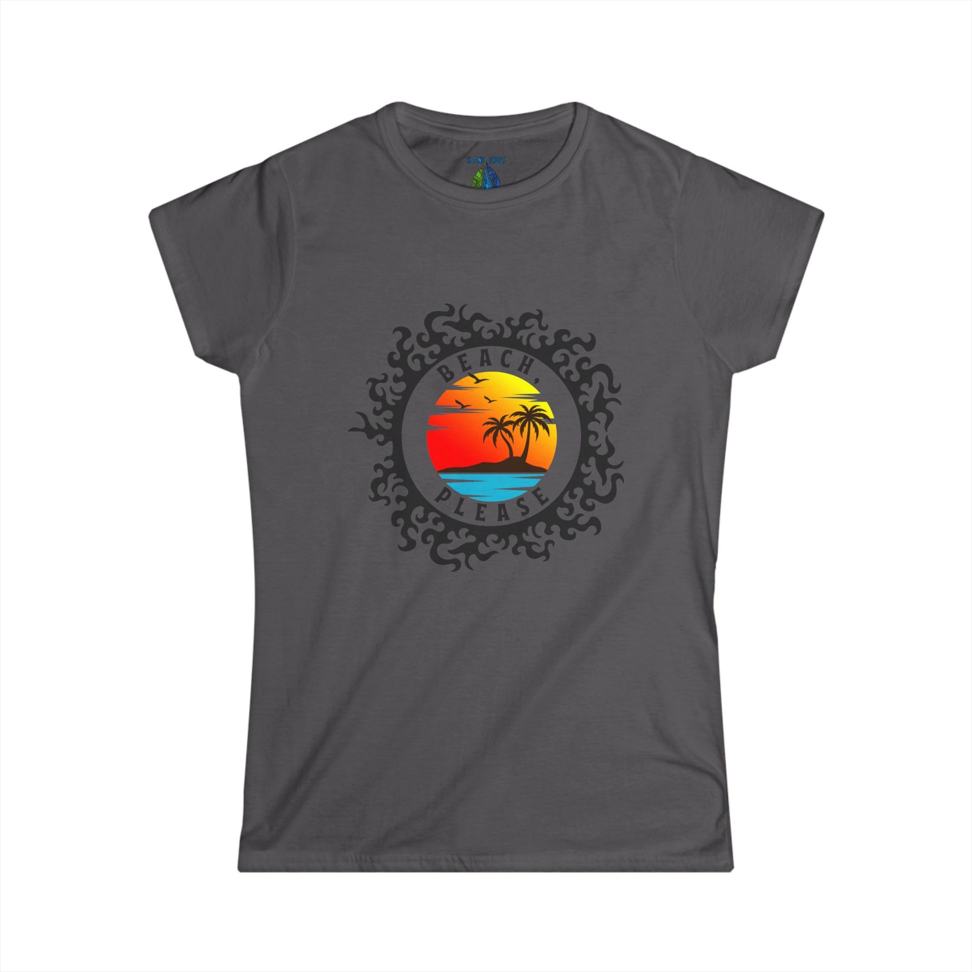 Gray women's cut t-shirt with 'Beach, Please' sunset graphic design - Island Drops Women's collection | Women's cut t-shirt