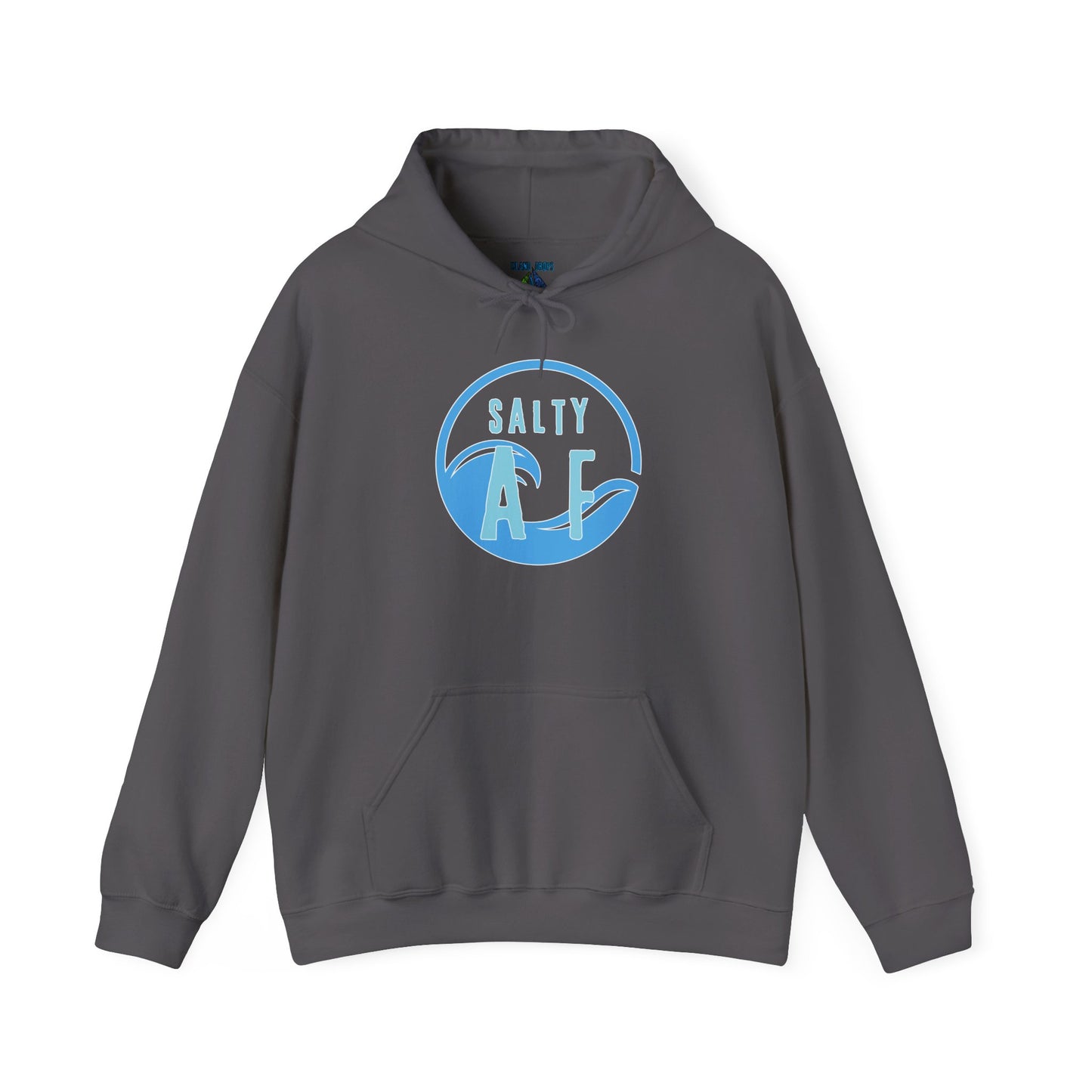 Gray hoodie with 'SALTY AF' text graphic design - Island Drops hoodie collection | Unisex pullover