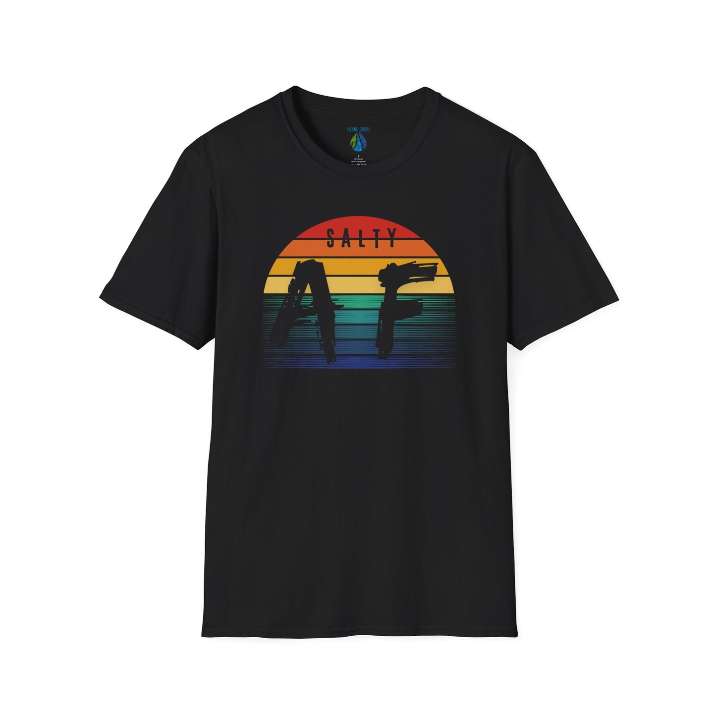 Black t-shirt with 'SALTY AF', graphic design and rainbow sunset  - Island Drops t-shirt collection | Unisex t-shirts