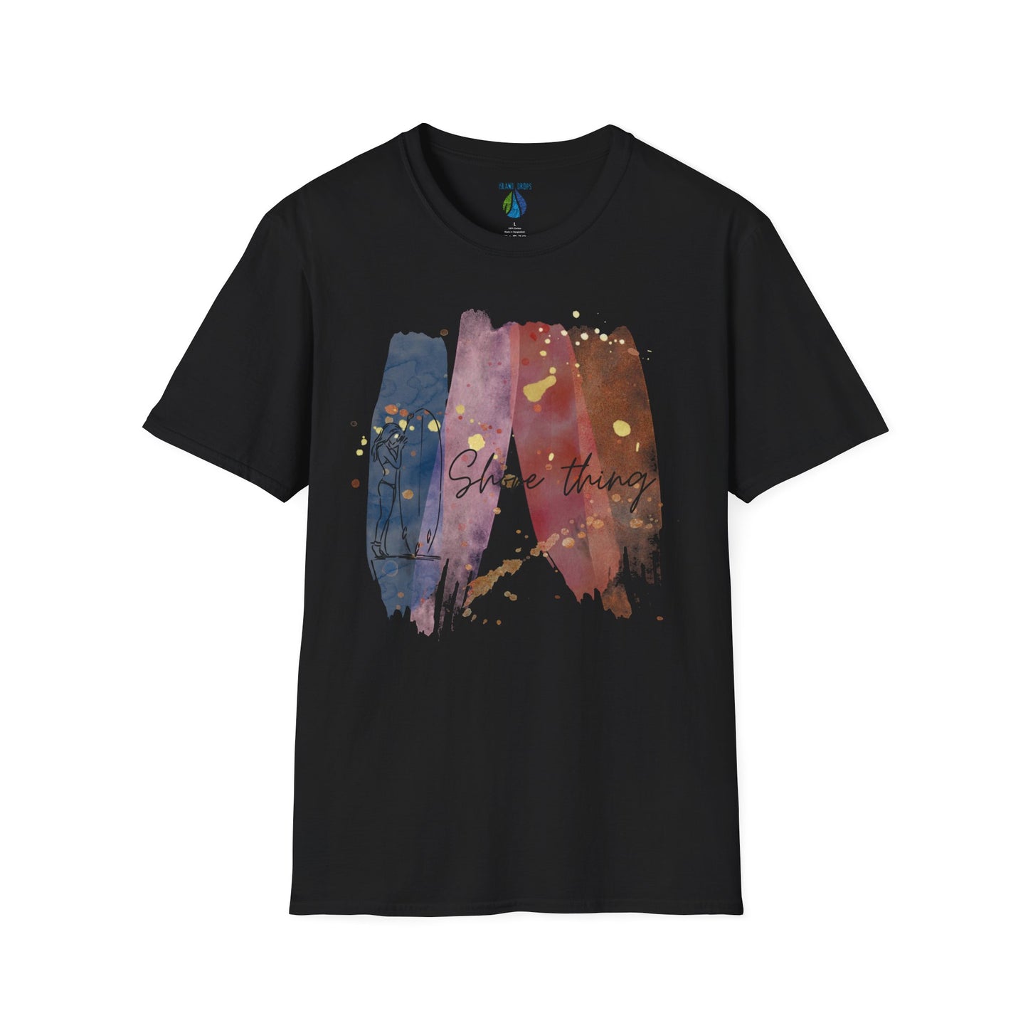 Black t-shirt  with 'Shore Thing' text and watercolor and surfer girl graphic design - Island Drops t-shirt collection | Unisex t-shirts