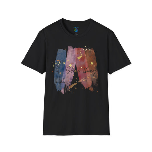 Black t-shirt  with 'Shore Thing' text and watercolor and surfer girl graphic design - Island Drops t-shirt collection | Unisex t-shirts
