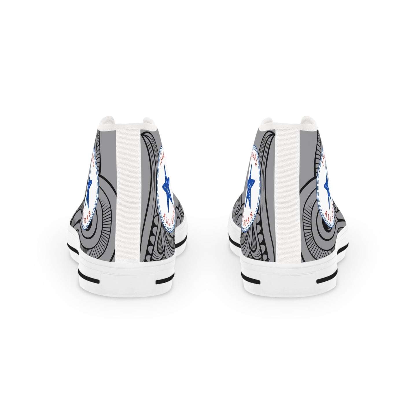 Gray and white High-top sneakers with tribal tattoo graphic design - Island Drops shoes collection | Unisex High top shoes