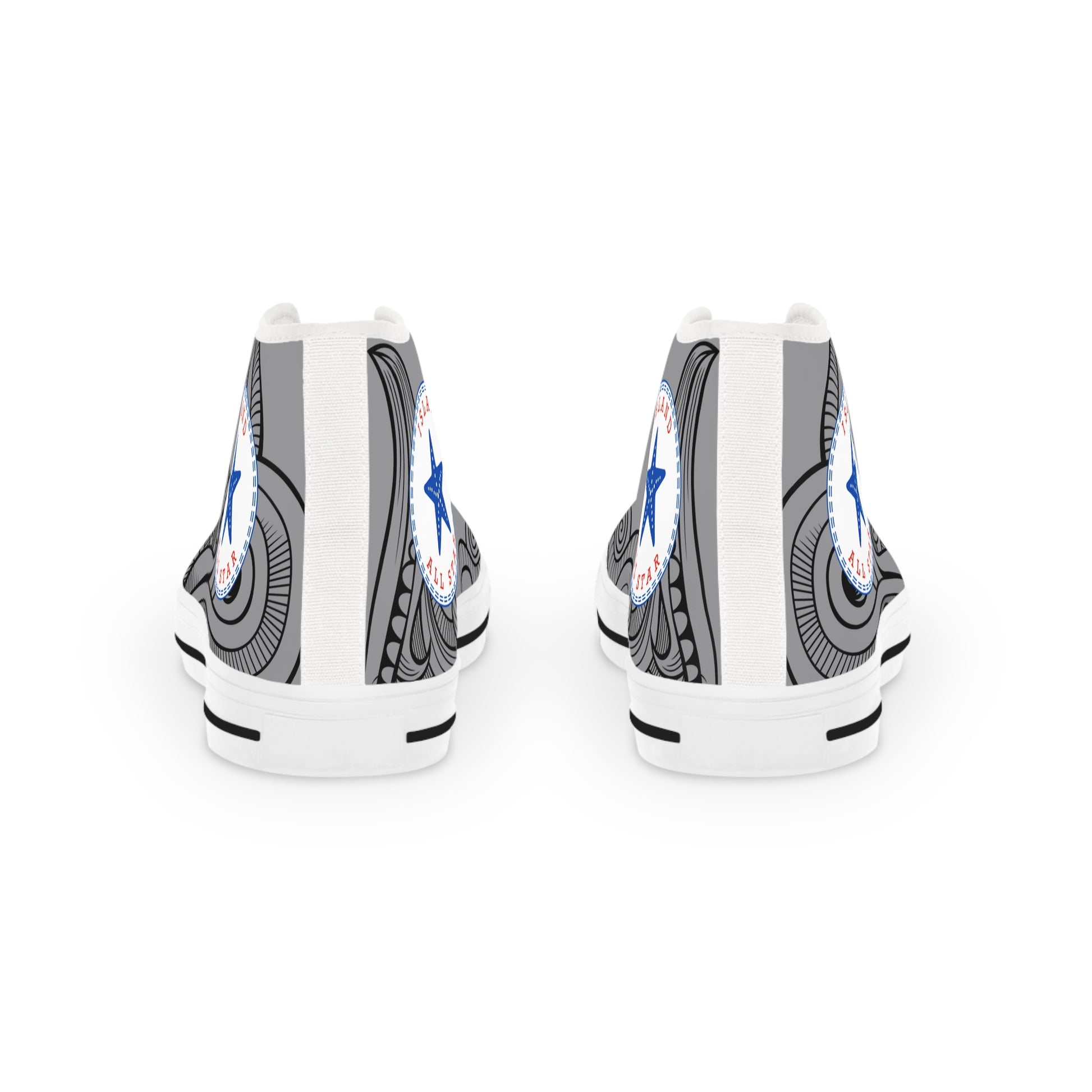 Gray and white High-top sneakers with tribal tattoo graphic design - Island Drops shoes collection | Unisex High top shoes
