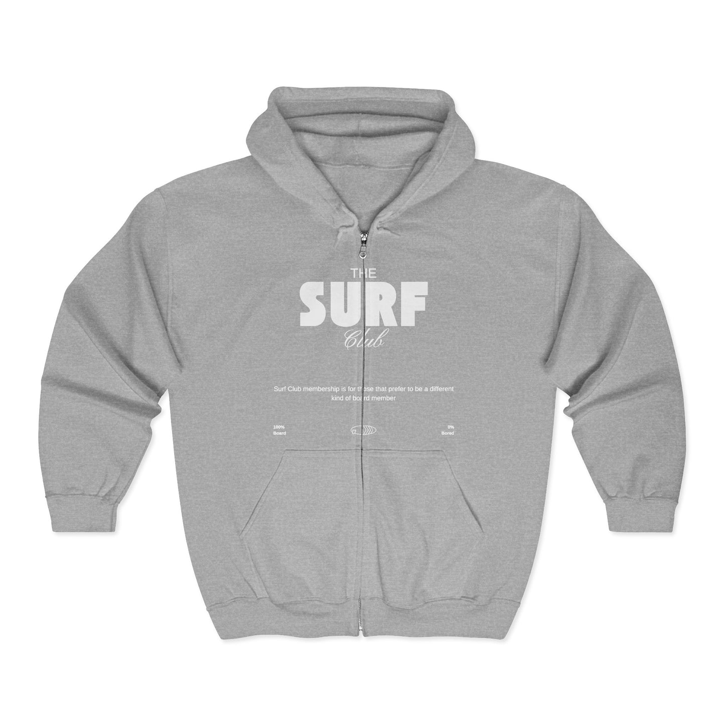 Gray full zip hoodie with  'THE SURF CLUB' text, 100% BOARD, 0% BORED - Island Drops hoodie collection | Unisex zipper hoodie
