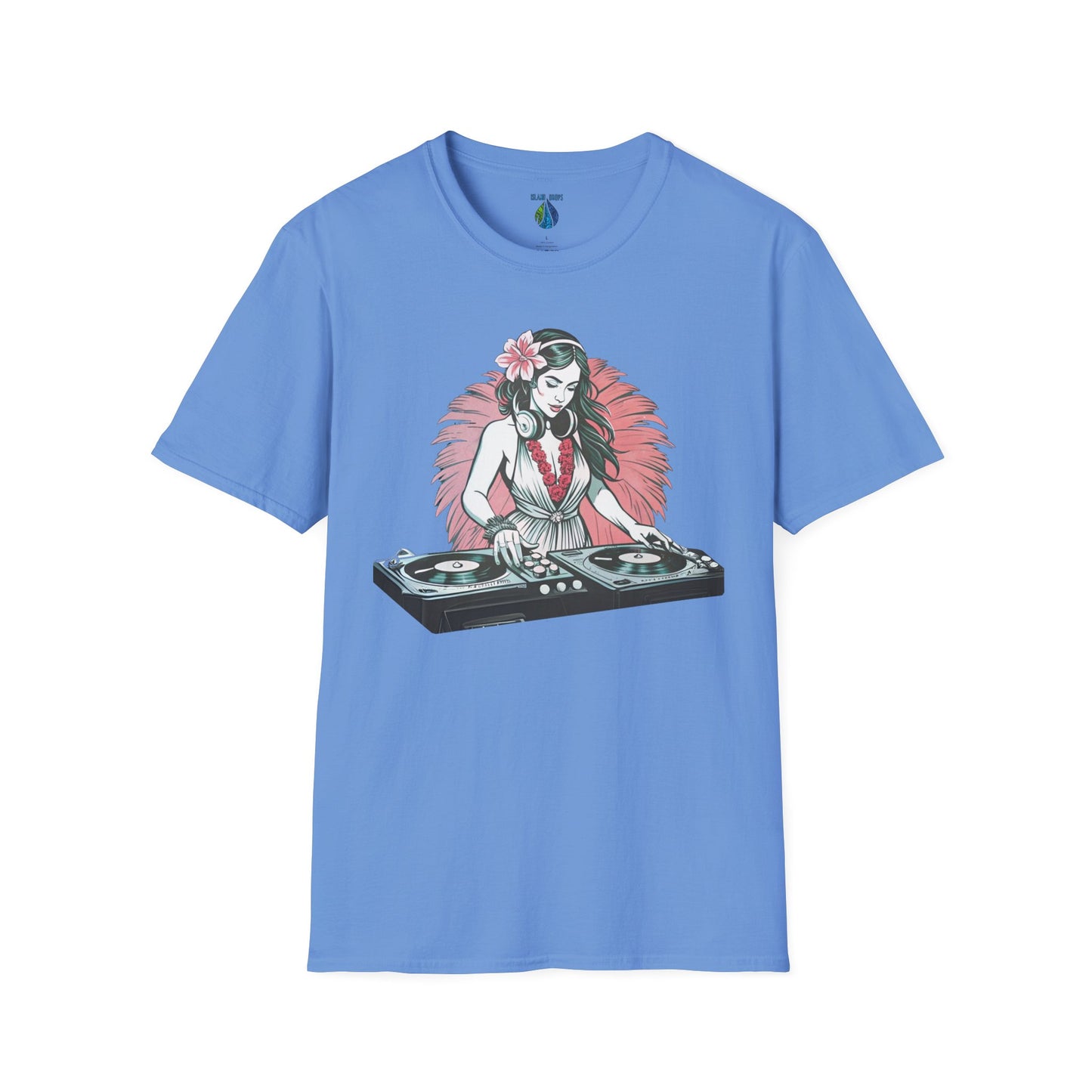 Blue t-shirt with a female hula dancer as a DJ graphic design - Island Drops T-shirt collection | Unisex t-shirt