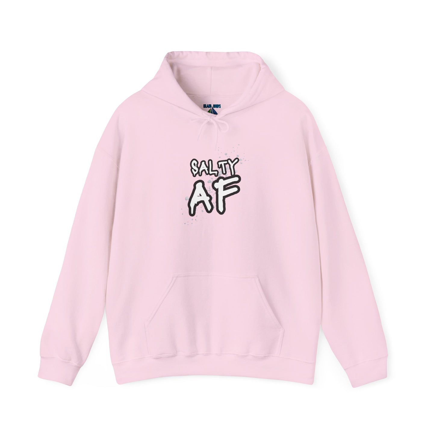 Pink hoodie with 'SALTY AF' text graphic design - Island Drops hoodie collection | Unisex pullover