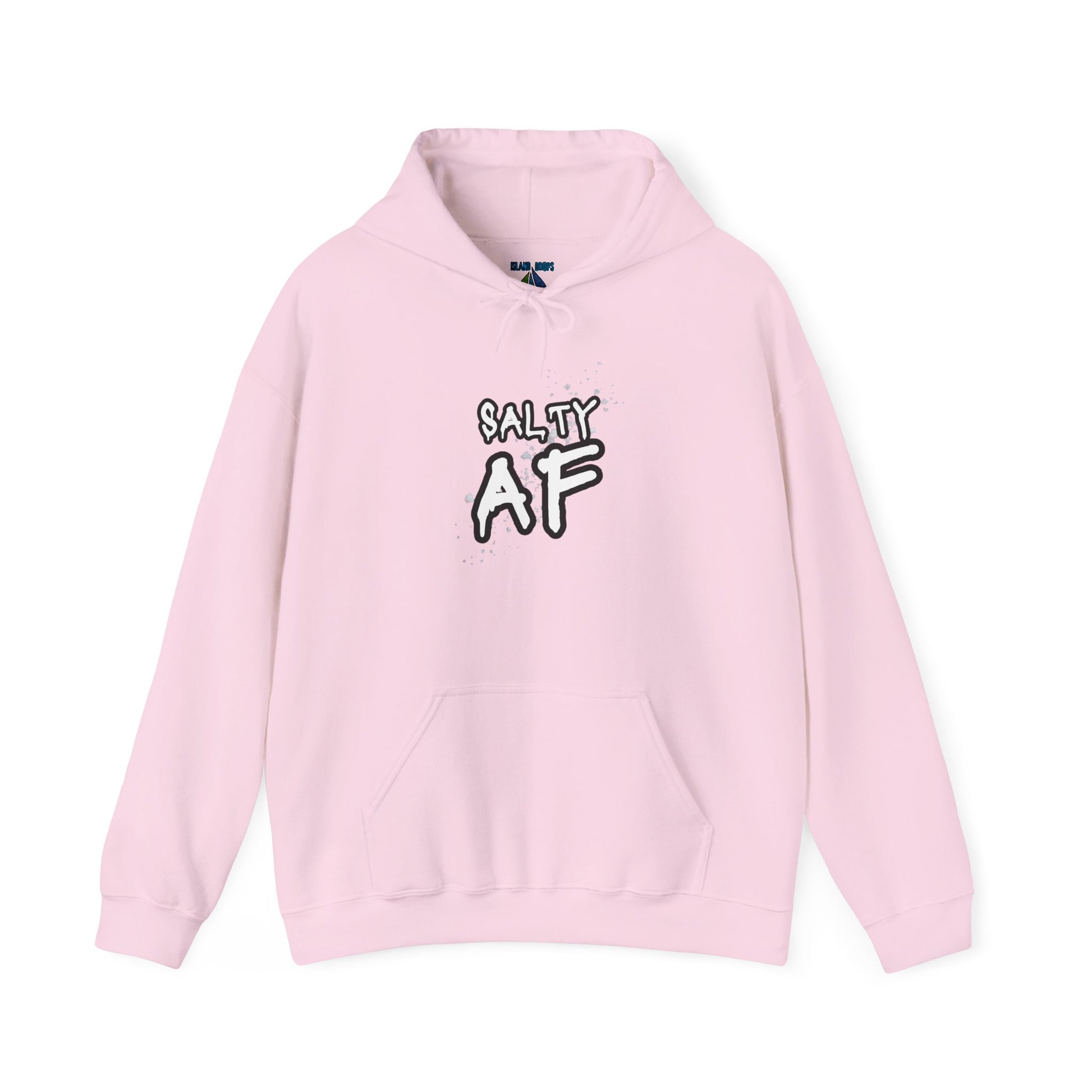 Pink hoodie with 'SALTY AF' text graphic design - Island Drops hoodie collection | Unisex pullover