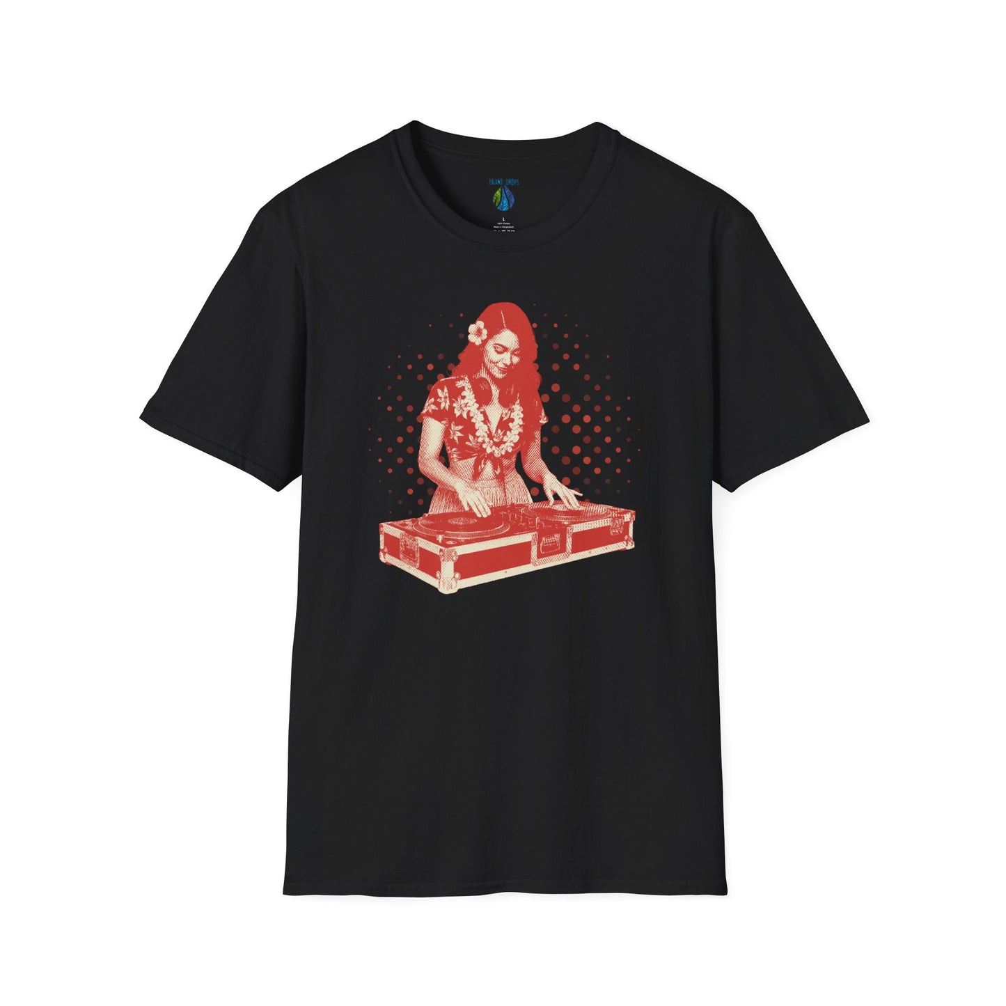Black t-shirt with a female hula dancer as a DJ graphic design - Island Drops T-shirt collection | Unisex t-shirt