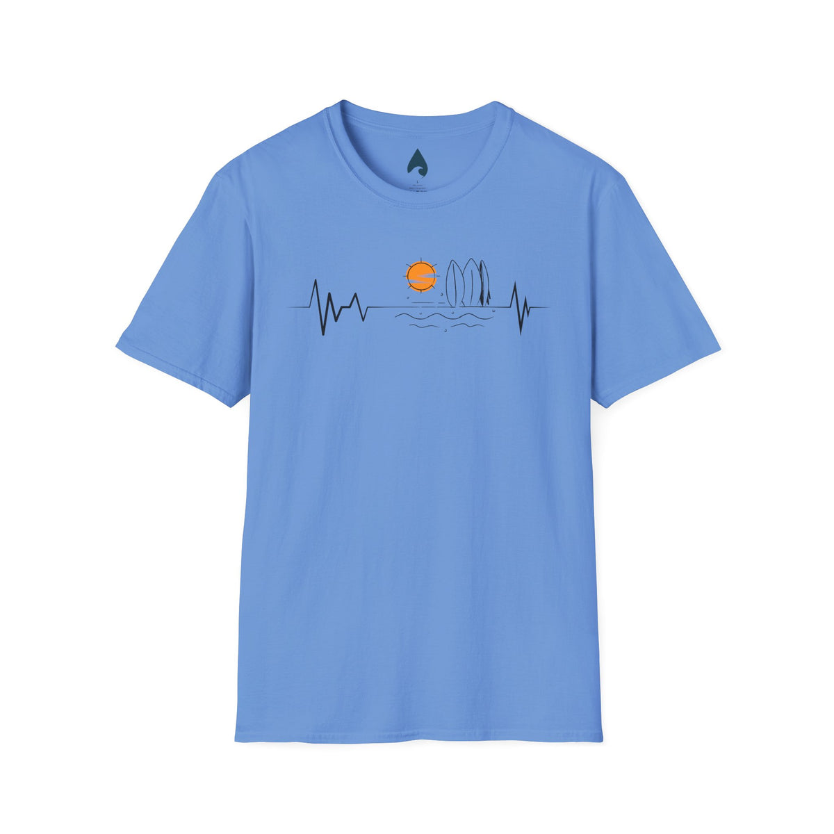 Blue T-shirt front with orange sunset, island wave outline and black heartbeat line