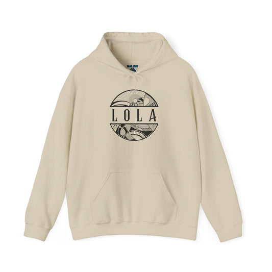 Beige hoodie with 'LOLA', meaning grandma, graphic design - Island Drops hoodie collection | Unisex pullover