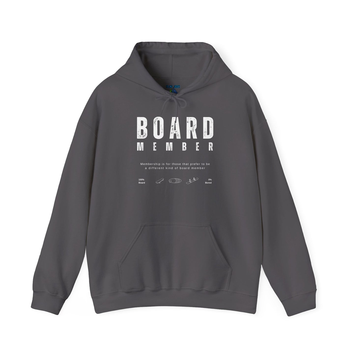 Gray hoodie with 'BOARD MEMBER' text , 100% BOARD, 0% BORED - Island Drops hoodie collection | Unisex pullover
