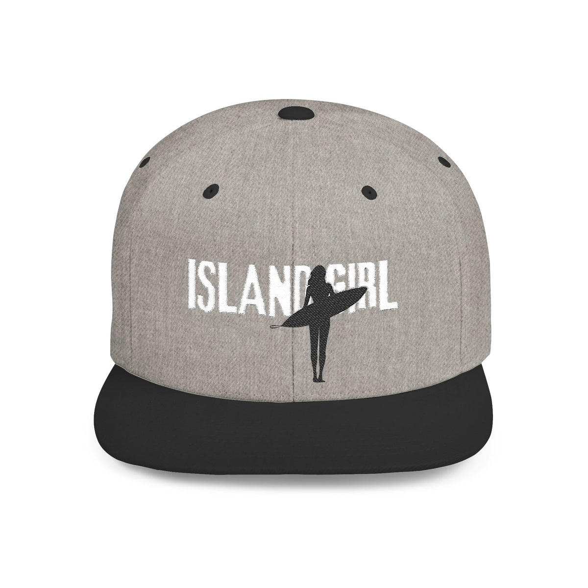 Heather gray snapback front view with white Island Girl text and black surfer silhouette