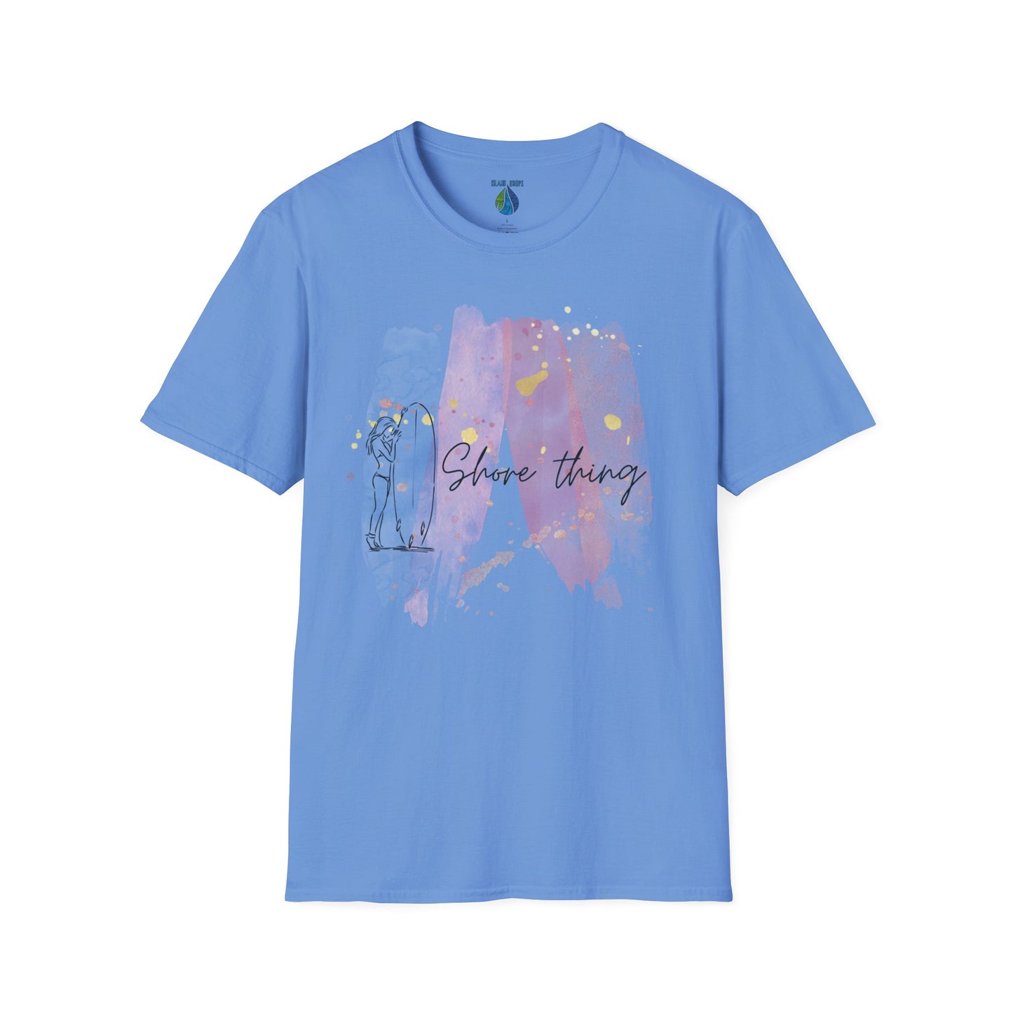 Blue t-shirt  with 'Shore Thing' text and watercolor and surfer girl graphic design - Island Drops t-shirt collection | Unisex t-shirts
