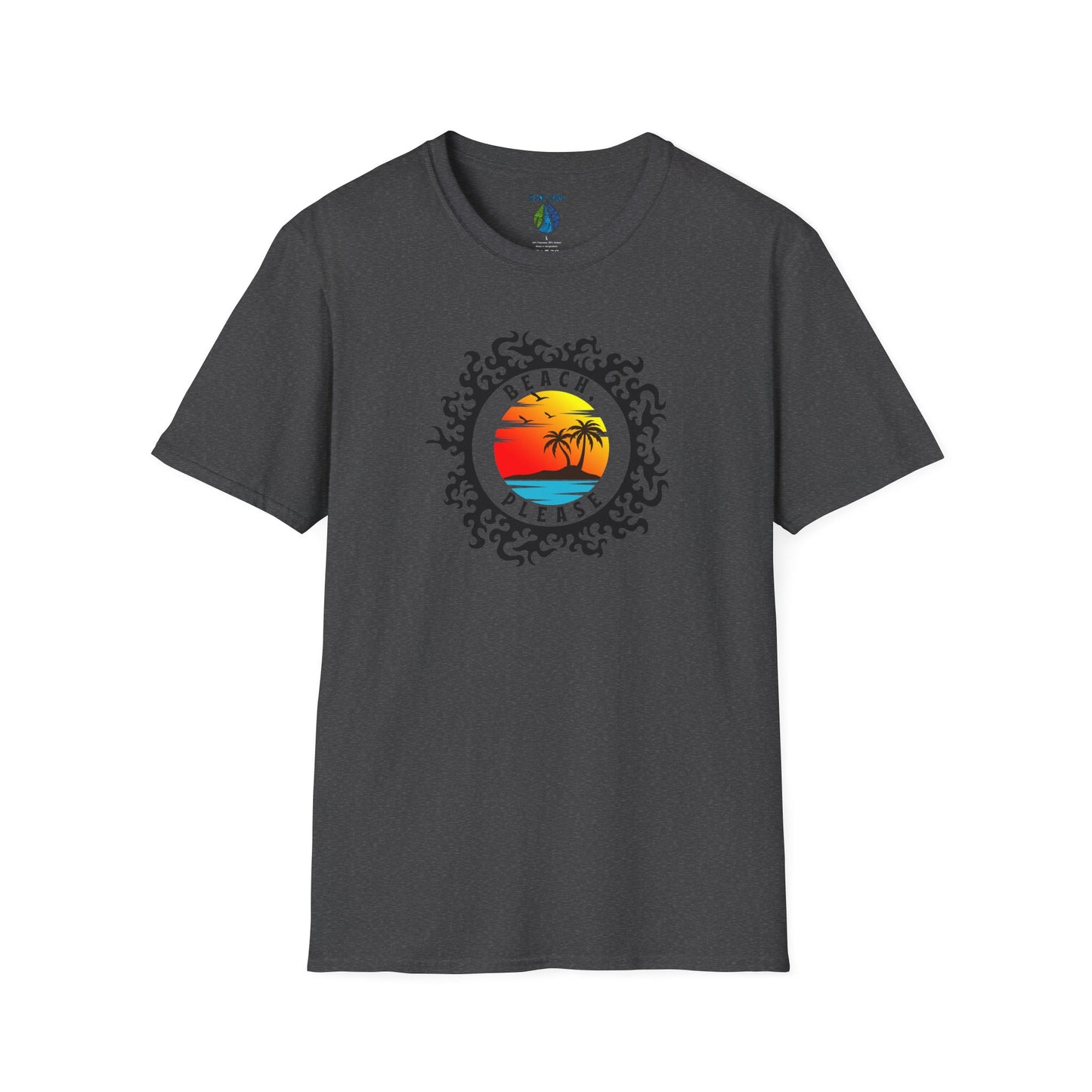 Gray t-shirt with 'BEACH, PLEASE' text and island sunset graphic design - Island Drops t-shirt collection | Unisex t-shirts