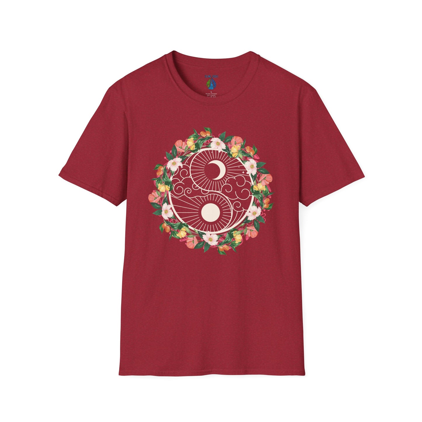 Red t-shirt with a floral yin yang design - Island Drops t-shirt collection | Unisex t-shirts