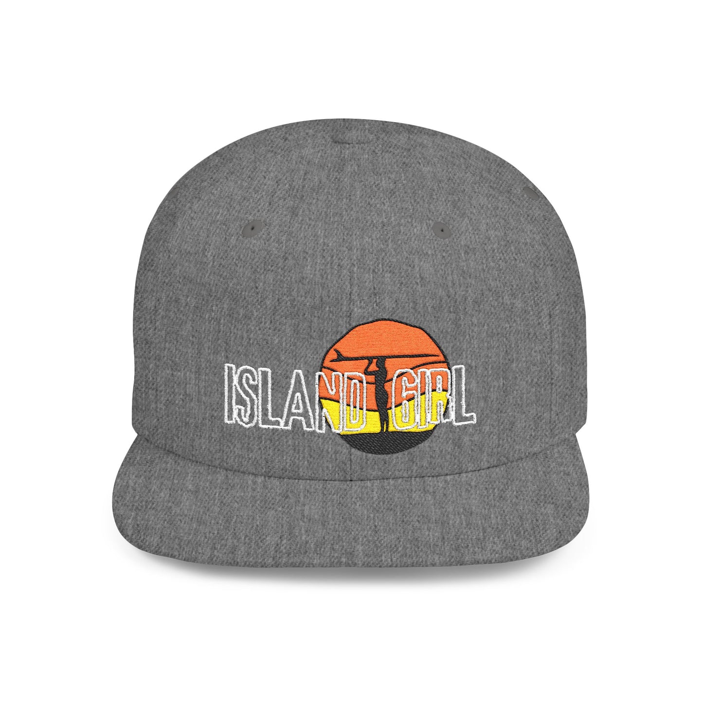 Gray cap with 'ISLAND GIRL' text and a surfer girl and sunset graphic design - Island Drops hat collection | Unisex snapback cap