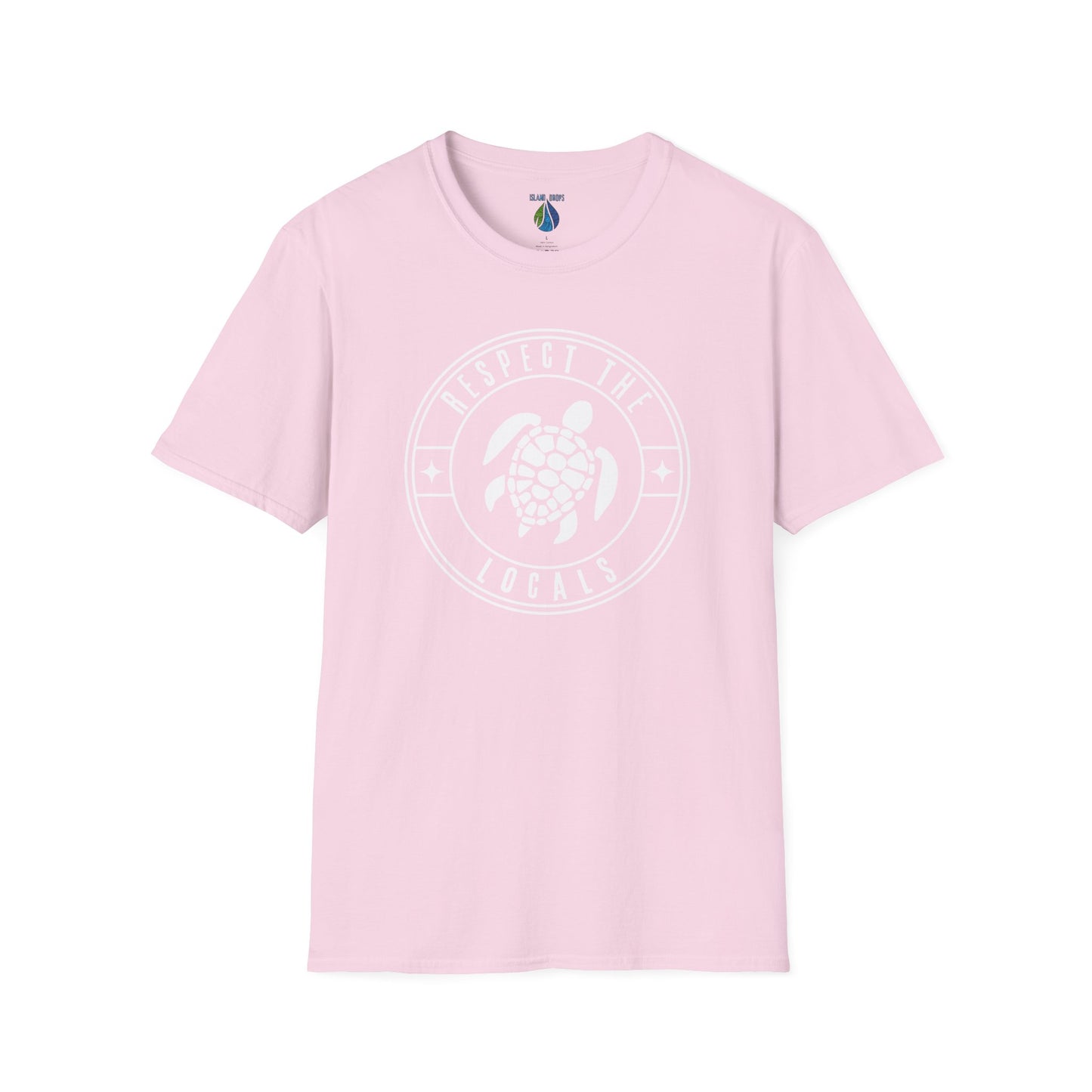 Pink t-shirt  with 'RESPECT THE LOCALS' text and stylized turtle graphic design - Island Drops t-shirt collection | Unisex t-shirts