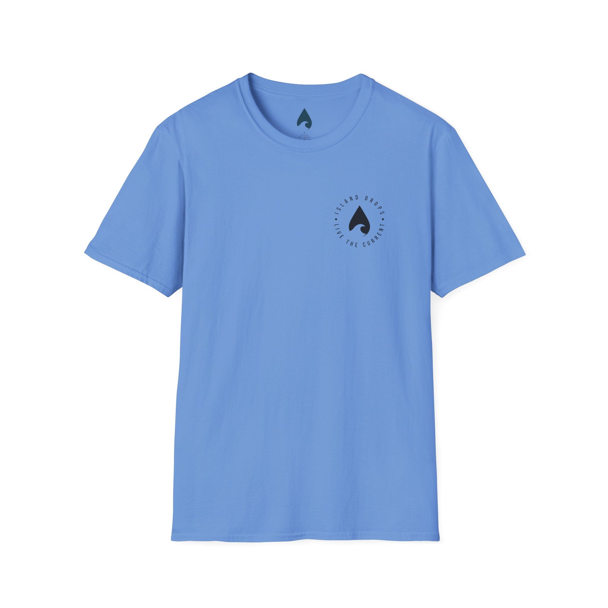 Island Drops logo Tee front view — Hawaiian streetwear t-shirt with left chest wave logo in Carolina Blue