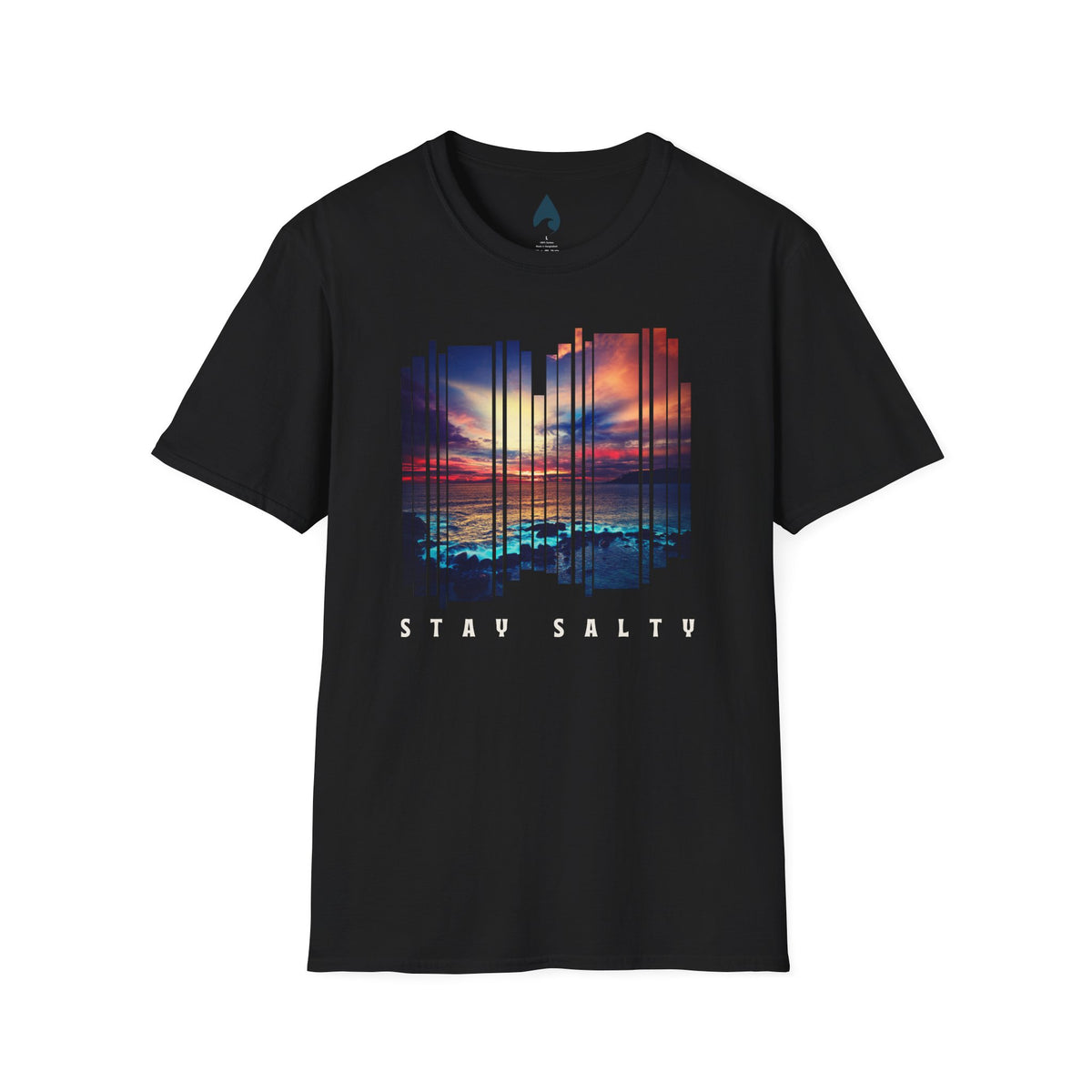 Black Stay Salty tee with colorful sunset ocean graphic