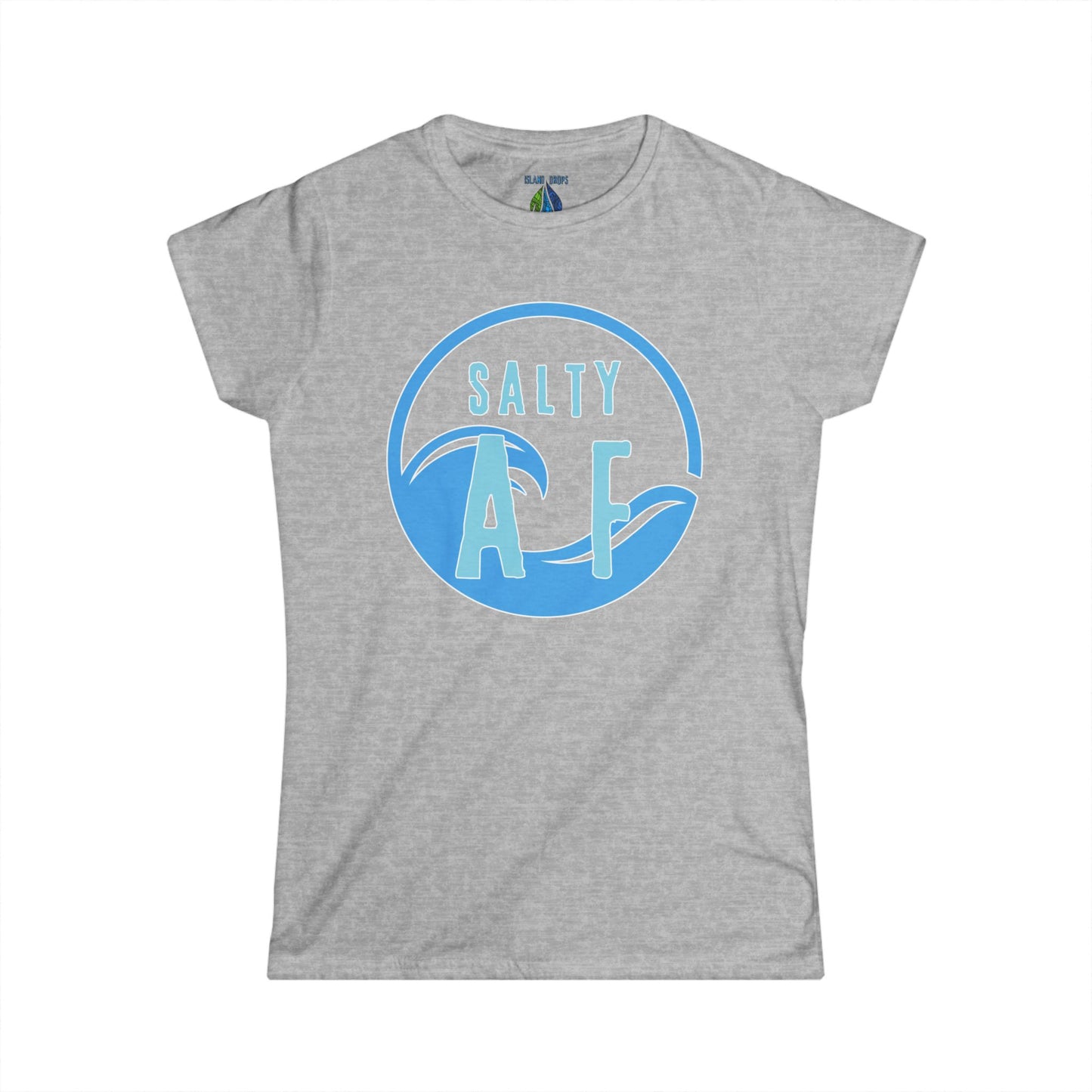 Gray women's cut t-shirt with  'SALTY AF' graphic design - Island Drops Women's collection | Women's cut t-shirt