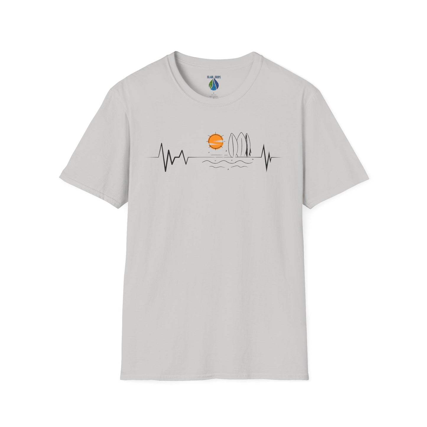 Gray t-shirt with sunset heartbeat graphic design with surfboards and ocean graphics - Island Drops t-shirt collection | Unisex t-shirts