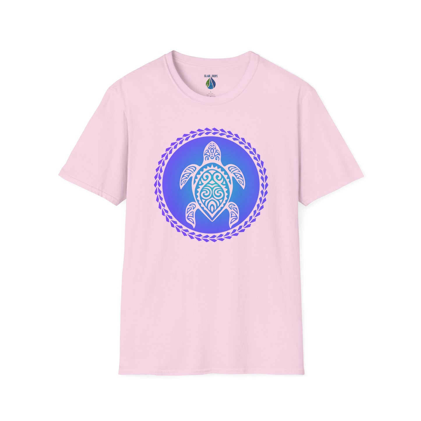 Pink t-shirt with a gradient blue turtle graphic design and tribal patterns  - Island Drops t-shirt collection | Unisex t-shirts
