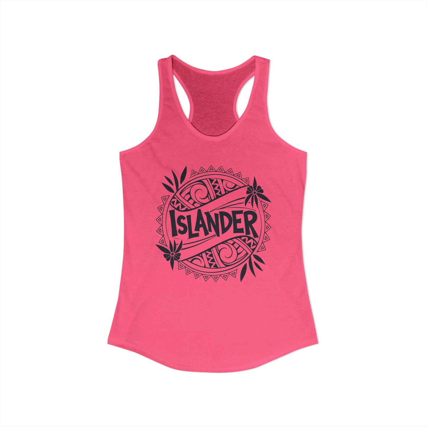 Pink tank top with 'ISLANDER' graphic design- Island Drops tank tops collection | Women's racer back tank