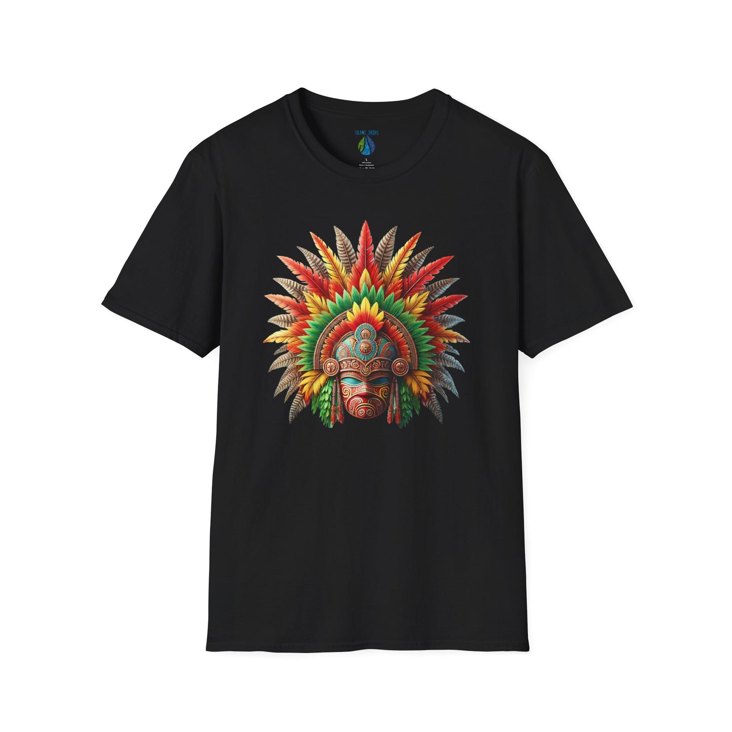 Black t-shirt with a colorful traditional Hawaiian headdress graphic design - Island Drops t-shirt collection | Unisex t-shirt